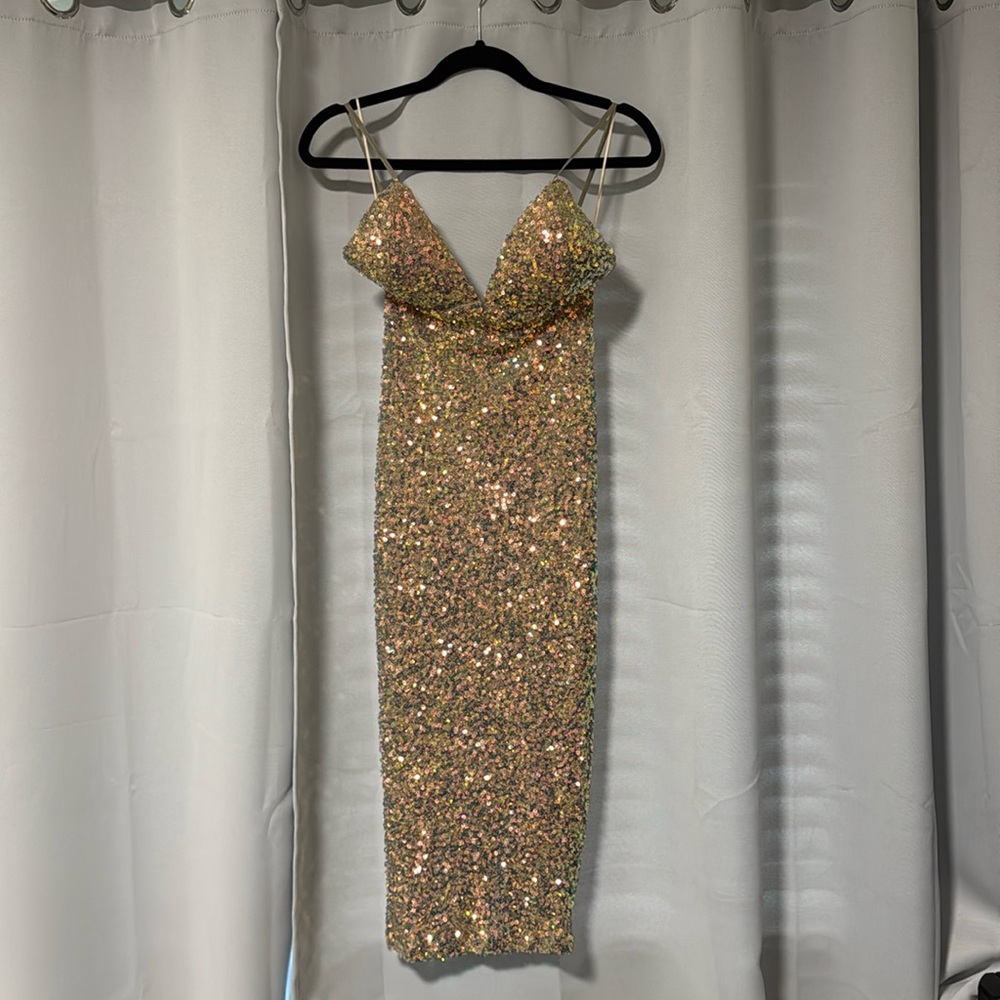 Sequined Champagne Pink Gold Spaghetti Strap Midi Dress